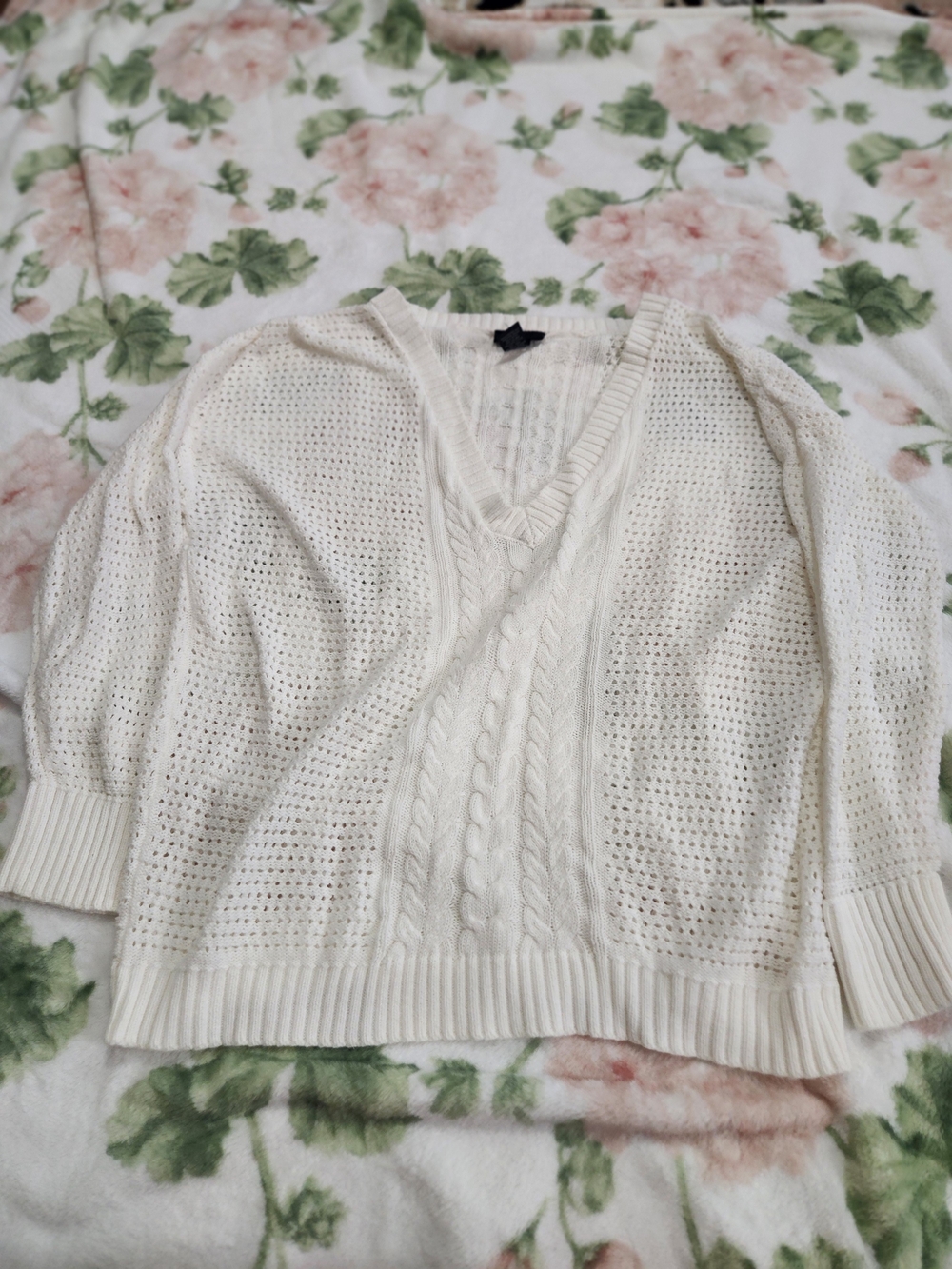 Lane Bryant Cream Open-Knit V-Neck Sweater